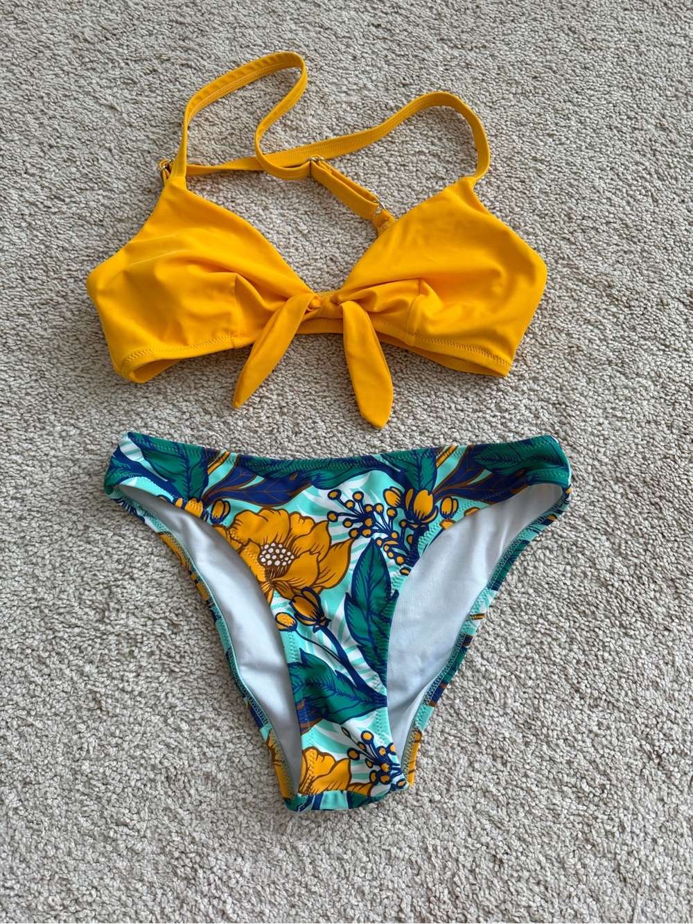 Cupshe Yellow Tie-Front Bikini Top with Floral Green & Yellow Bottom